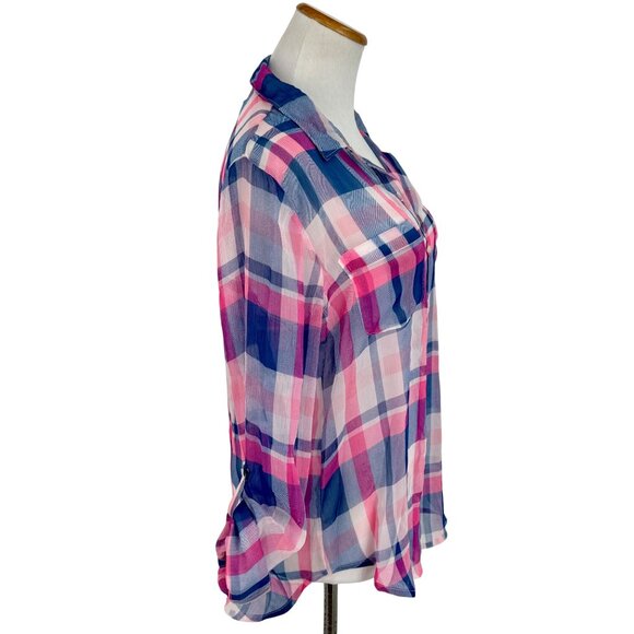 Hollister 2016 Pink & Blue Sheer Plaid Button-Up & Roll Cuffs Casual Relaxed Top - Picture 6 of 13